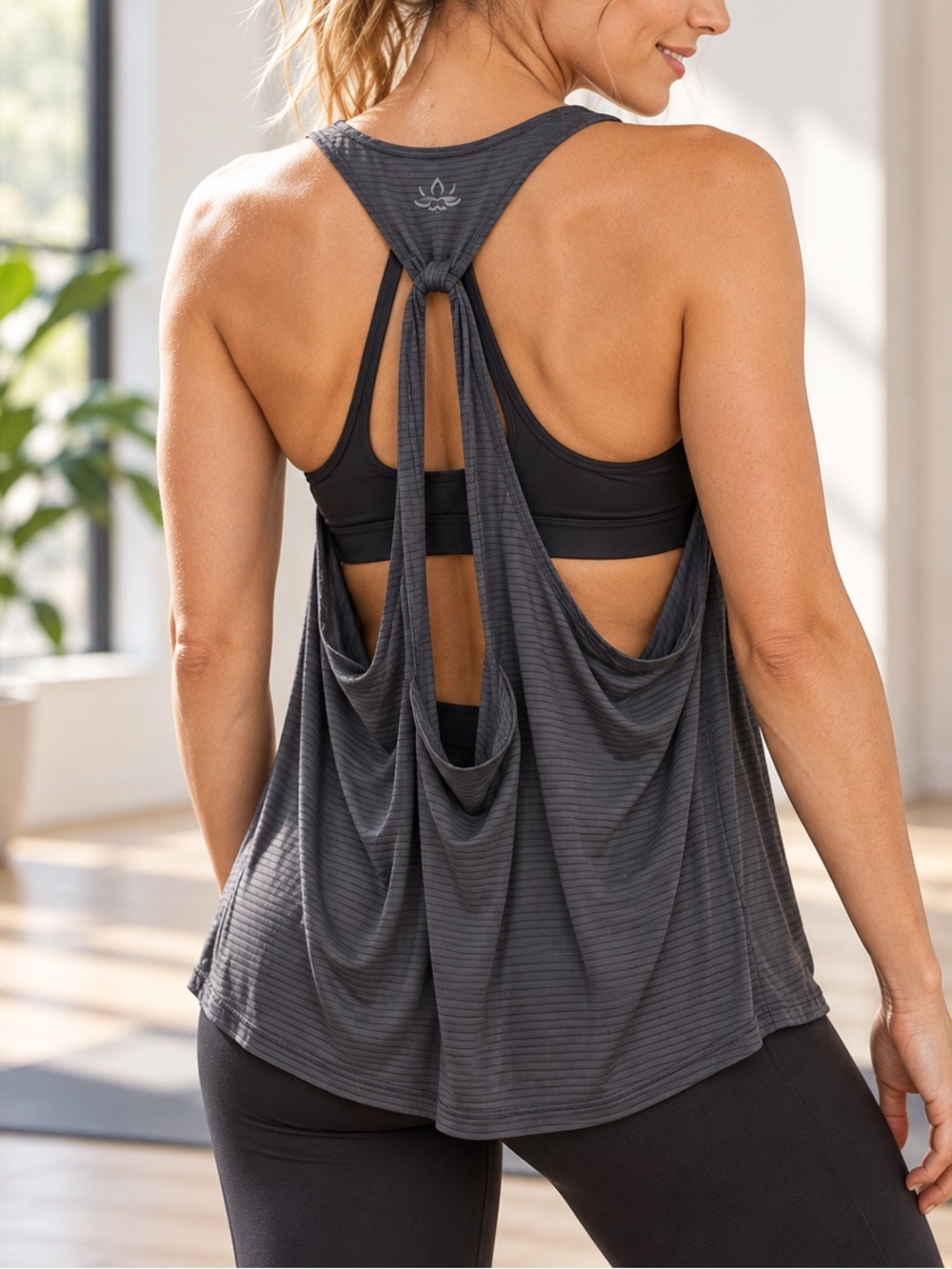 Beyond Yoga Gray Open Back Tie Tank Top Size Medium Made in USA